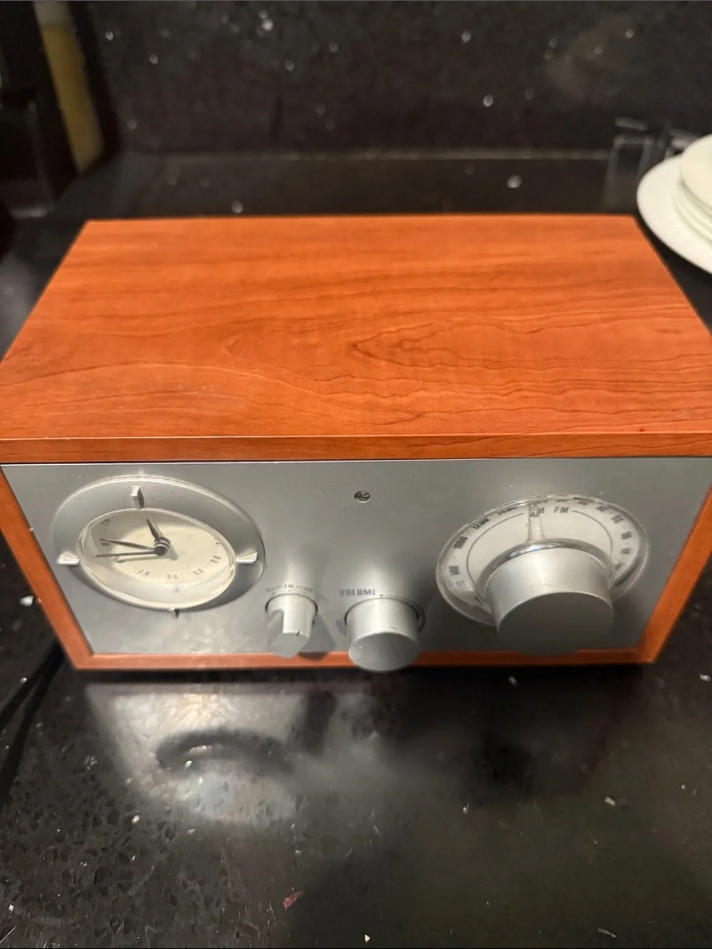 Retro Wood-Frame Wall Clock Radio in Gray and Brown